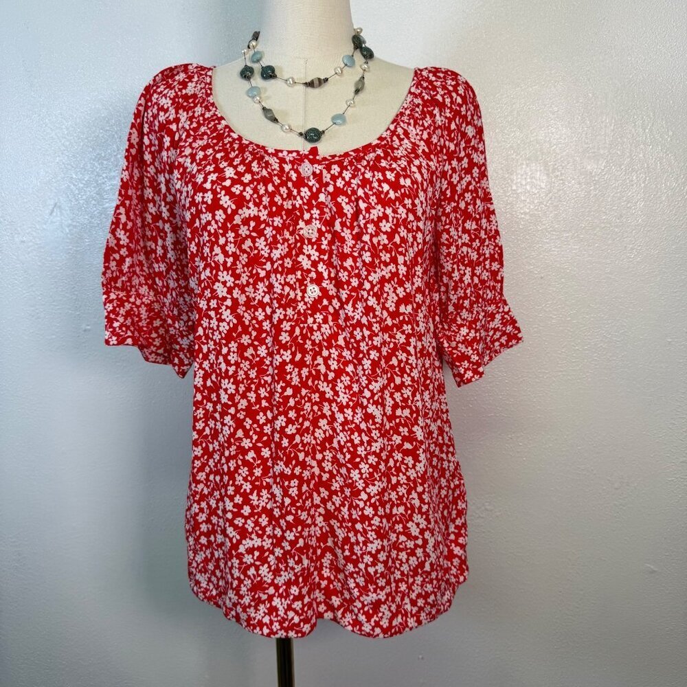J.Crew Womens Red Floral Print Blouse XS Relaxed Fit Flowy Lightweight